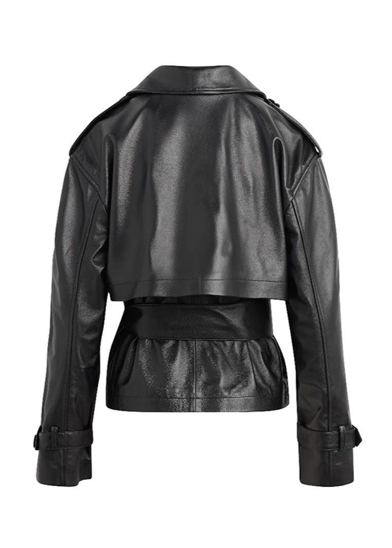 Amarae | Faux leather cropped belt trench coat