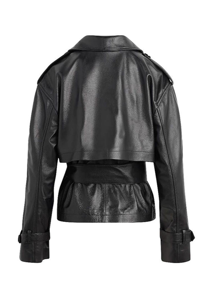 Amarae | Faux leather cropped belt trench coat