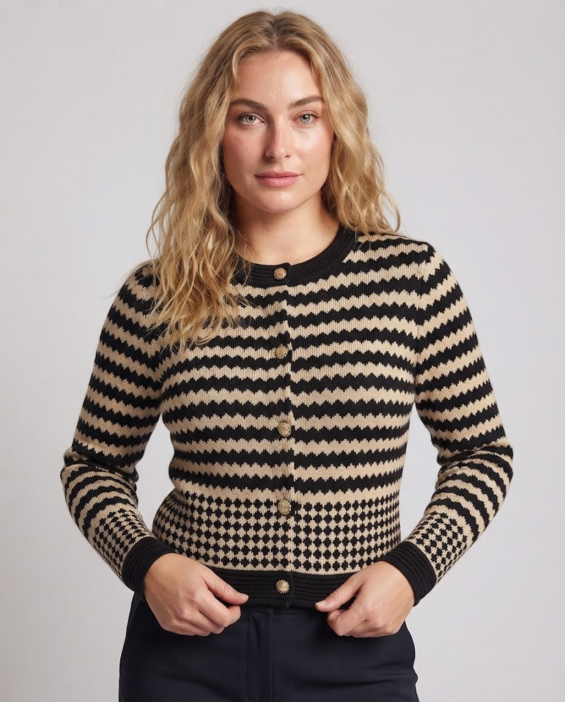 Women's Short-cut Fine Knit Cardigan with Graphic Intarsia Pattern and Decorative Buttons Amarae