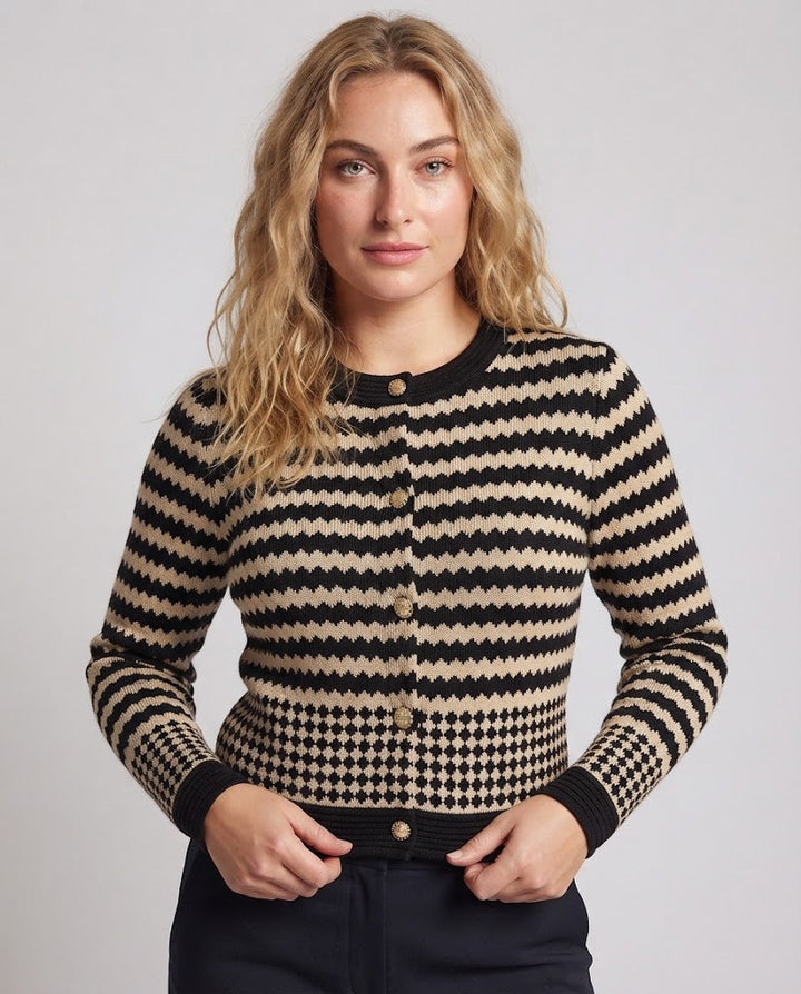 Women's Short-cut Fine Knit Cardigan with Graphic Intarsia Pattern and Decorative Buttons Amarae