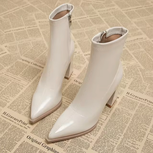 Amarae | Ankle Boots - Genuine Leather - Pointed Toes - Block Heel - Zipper Closure