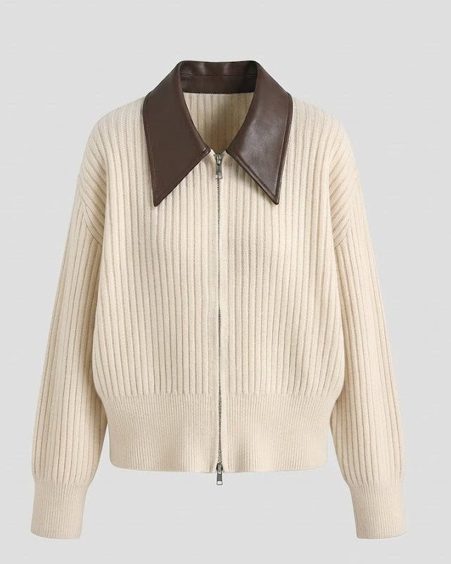 Women's Ribbed Cardigan with Zipper and Contrasting Leather Collar Amarae