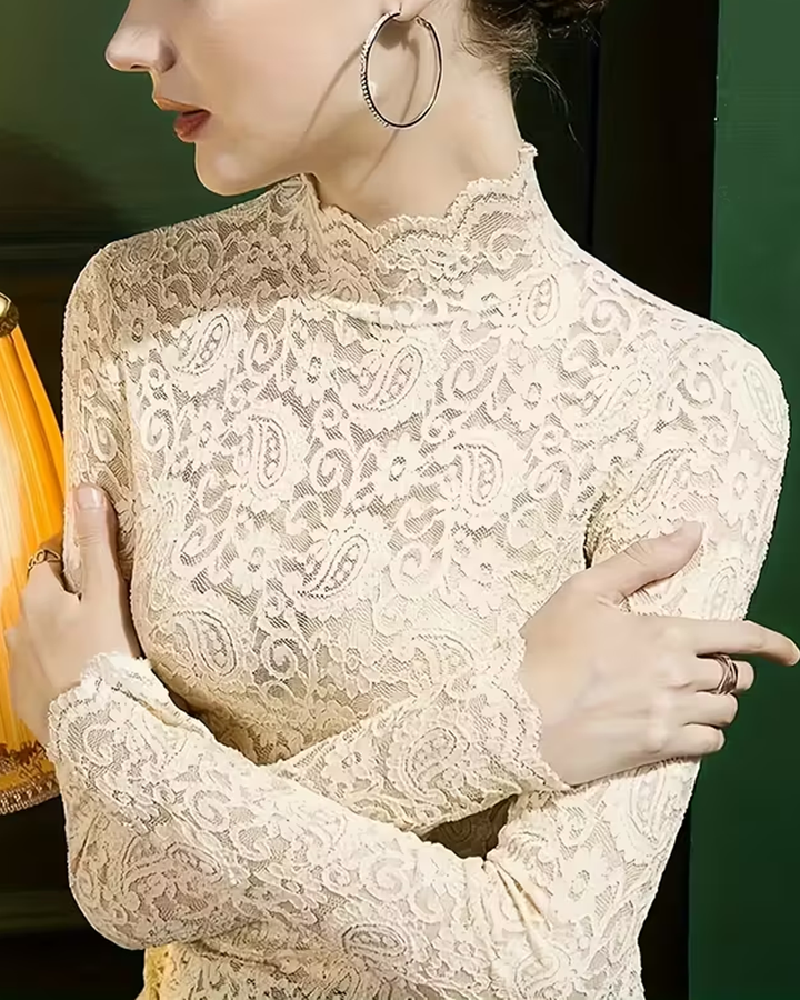 Amarae | Elegant Solid Color Half Neck Long Sleeve Lace