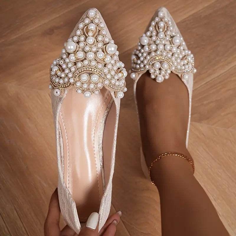 Lune London | Elegant Bridal Ballet Flats with Lace and Artificial Pearls