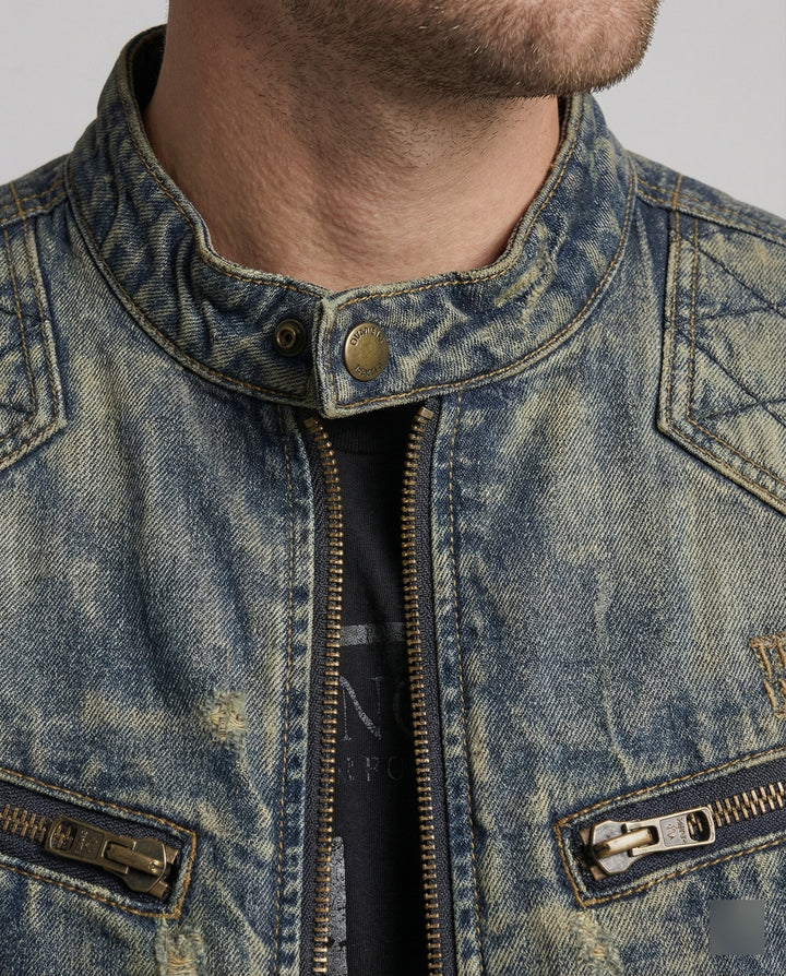 Men's Denim Jacket Biker Style Stand-Up Collar