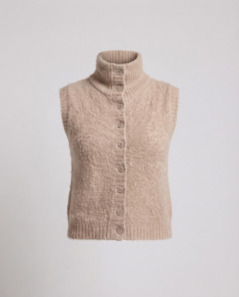 Women's Short Boucle Knit Vest with Stand-Up Collar and Full Button Placket Amarae