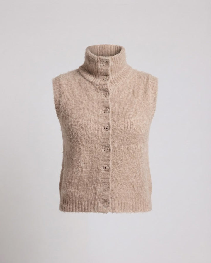 Women's Short Boucle Knit Vest with Stand-Up Collar and Full Button Placket Amarae