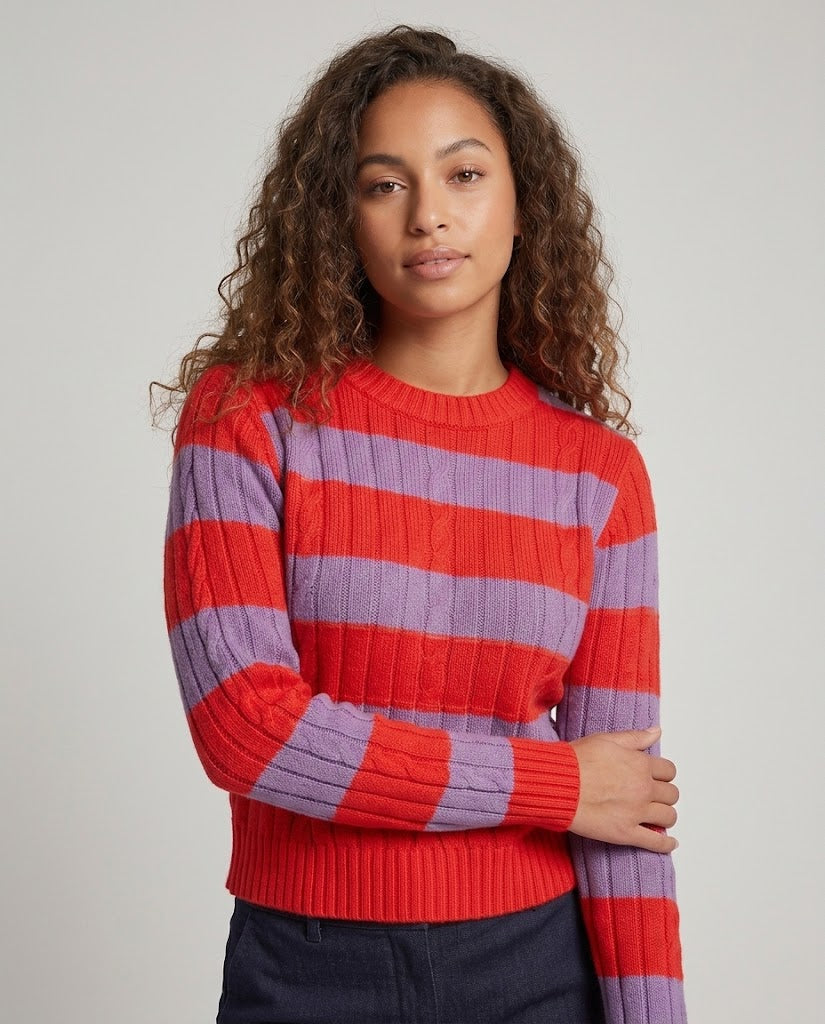 Ladies Striped Ribbed Cropped Sweater with Round Neck Amarae
