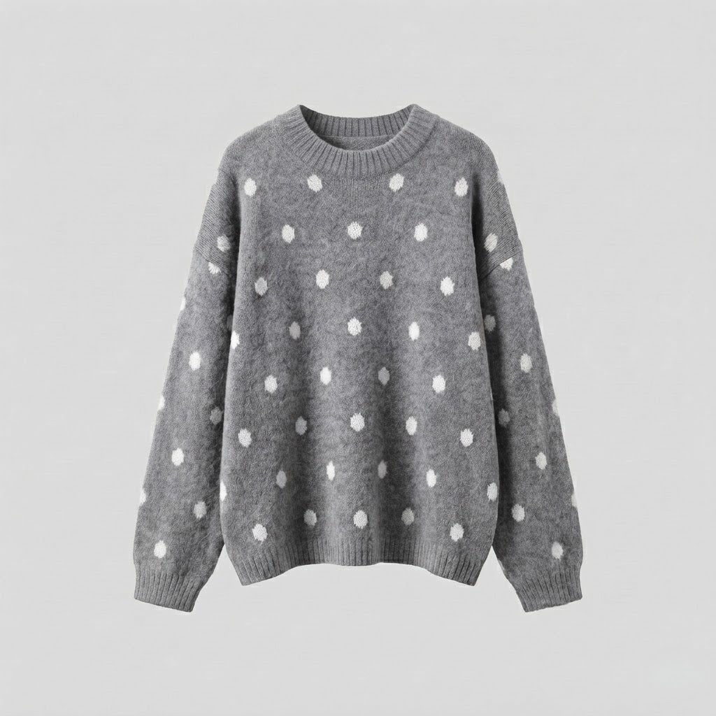 Women Oversize Fleece Sweater with Dots, Round Neck and Raglan Sleeves Amarae