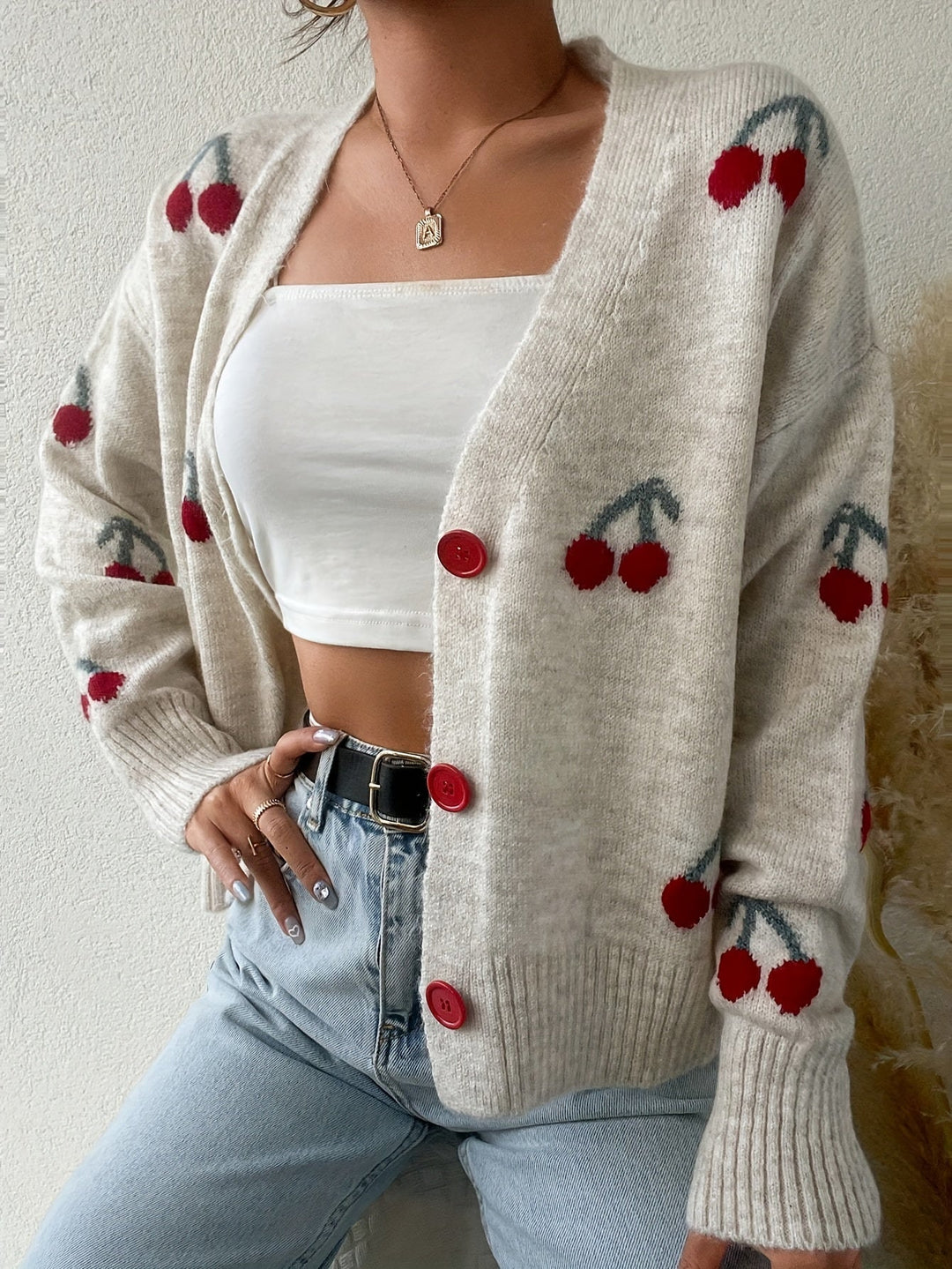 Lune London | Casual jacket for women / Cardigan with buttons and cherry pattern - Lightweight - warm - Perfect for autumn/winter