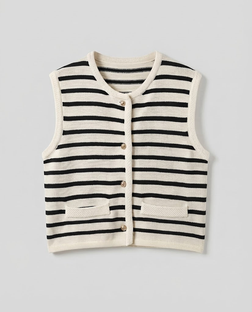 Women's Striped Knit Vest with Button Placket and Patch Pockets Amarae