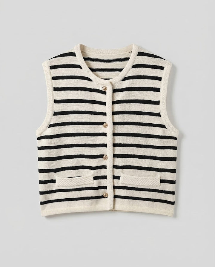Women's Striped Knit Vest with Button Placket and Patch Pockets Amarae