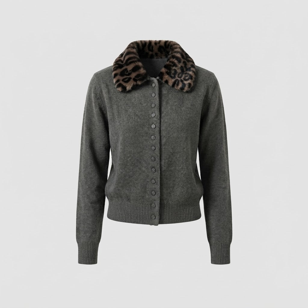 Women's knit cardigan with detachable faux fur collar and delicate button placket Amarae