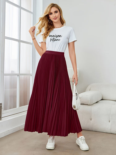 Amarae | Solid Color Pleated Midi Skirt with Elastic Waistband