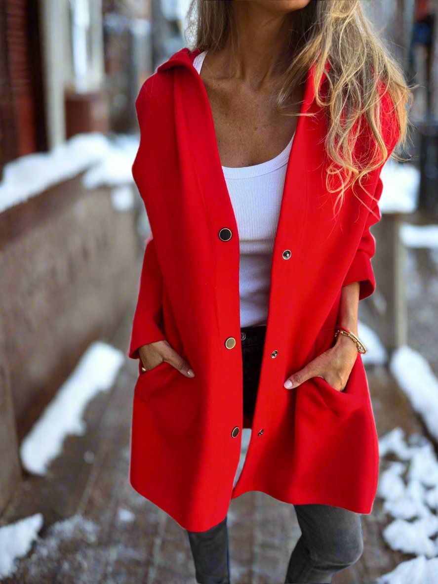 Amarae | Long Jacket - Wool Blend - Button Closure with Hood - Comfortable Fit
