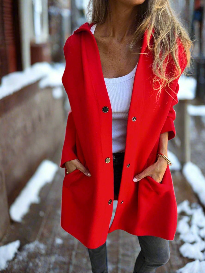 Amarae | Long Jacket - Wool Blend - Button Closure with Hood - Comfortable Fit