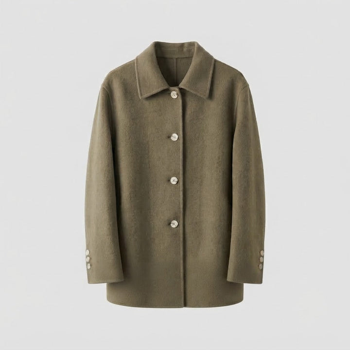 Ladies' elegant fine-knit coat with shirt collar, generous button placket, and soft wool blend Amarae