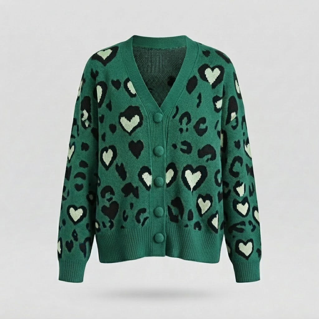 Women’s Oversized Knit Cardigan with Heart Leopard Print and V-Neck Amarae