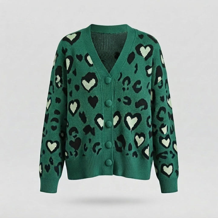 Women’s Oversized Knit Cardigan with Heart Leopard Print and V-Neck Amarae