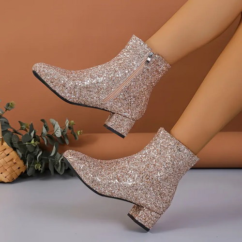 Amarae | Ankle Boots - Textile - Glitter Finish - Almond-shaped Toes - Medium Block Heel