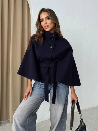 Amarae | Wool Belt Cloak Jacket - High Collar Loose Fit Cloak Jacket