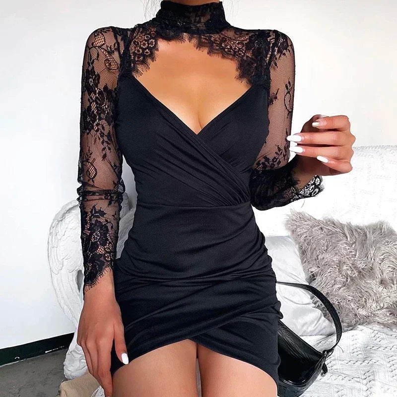 Lune London | Mini Dress with Lace Trim and High Collar
