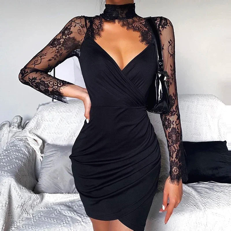 Lune London | Mini Dress with Lace Trim and High Collar