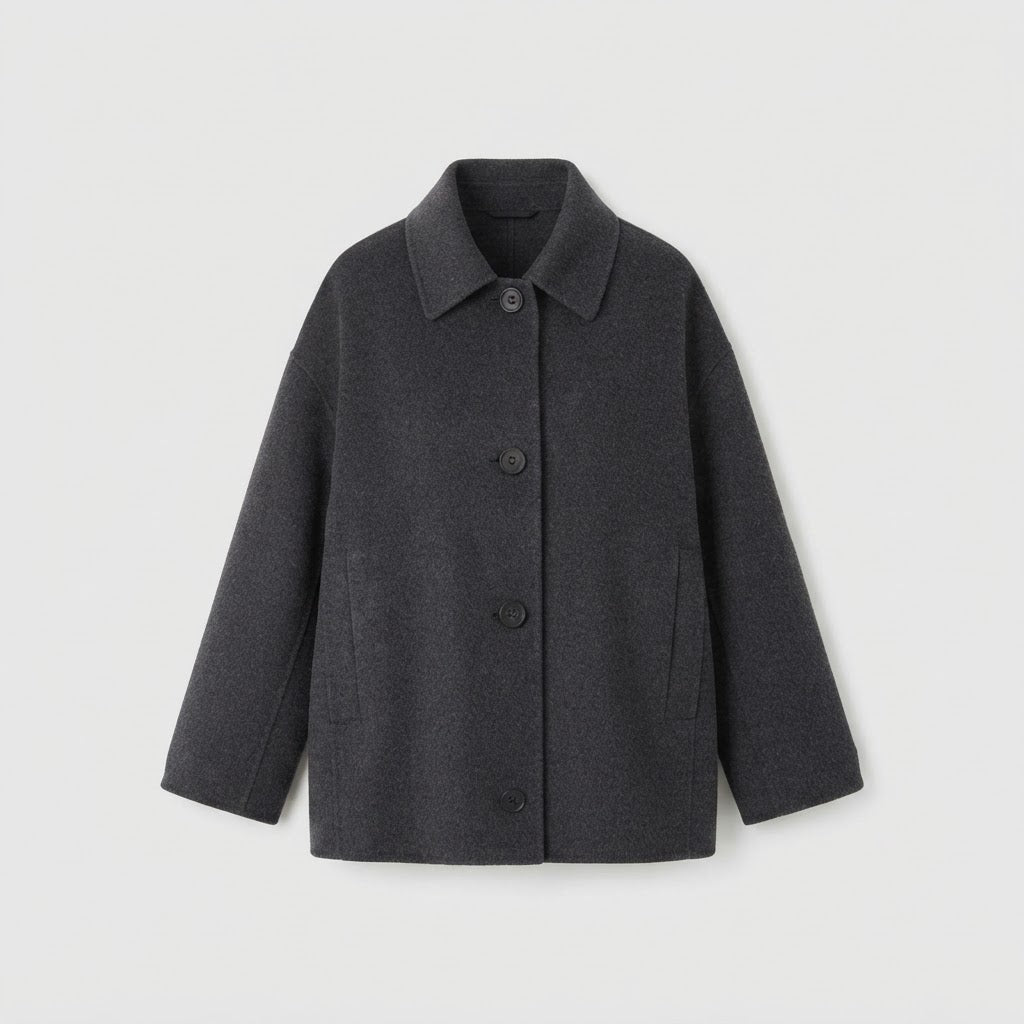 Ladies Short Boxy Wool Blend Coat with Shirt Collar and Side Pockets Amarae