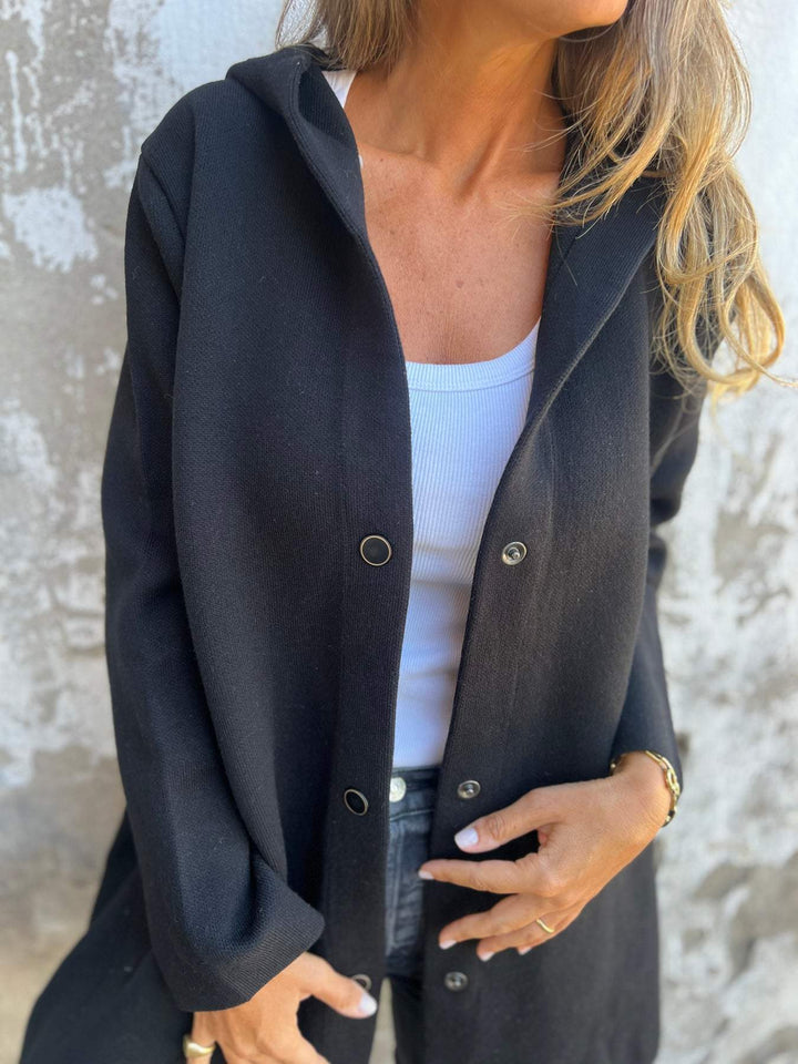 Amarae | Long Jacket - Wool Blend - Button Closure with Hood - Comfortable Fit