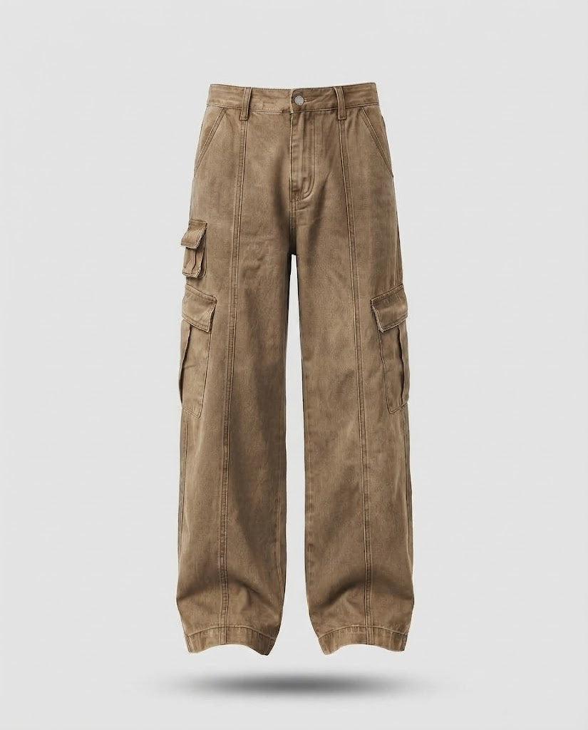 Men's Wide Utility Cargo Palazzo Pants with Multiple Pockets and Visible Quilted Seams Amarae
