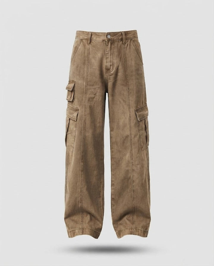 Men's Wide Utility Cargo Palazzo Pants with Multiple Pockets and Visible Quilted Seams Amarae