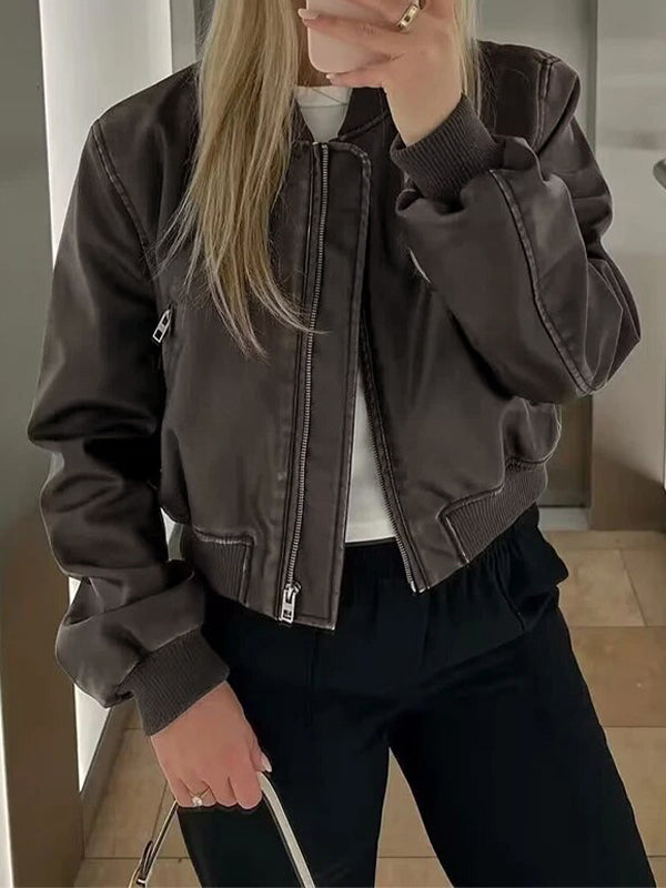 Amarae | Solid Color Leather Bomber Jacket