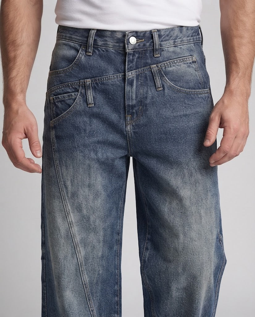 Men's Extra Wide Denim Palazzo Jeans with Panel Seams and Faded Used Look Amarae