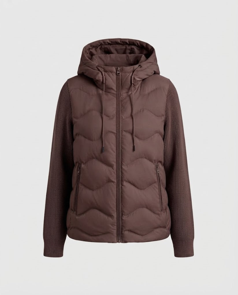 Women's hybrid quilted jacket with hood, quilted thermal front & knitted sleeves Amarae