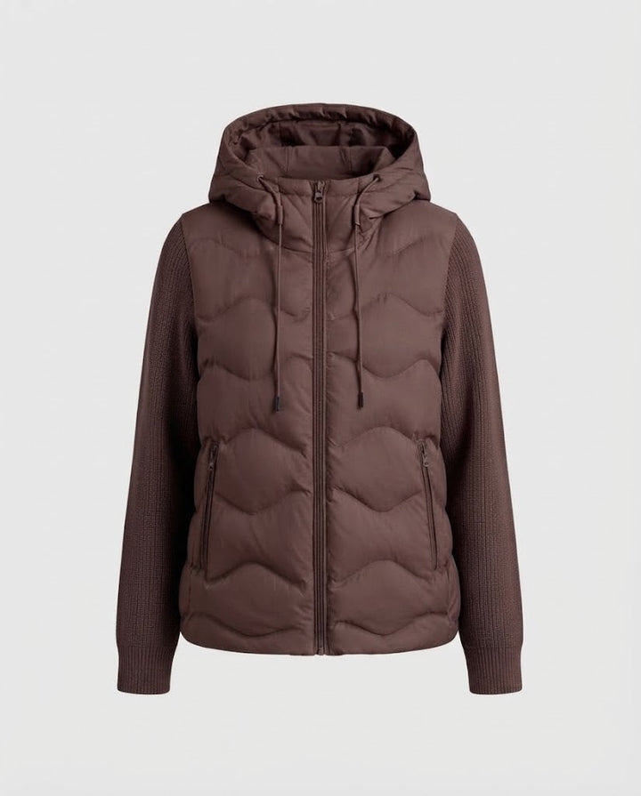 Women's hybrid quilted jacket with hood, quilted thermal front & knitted sleeves Amarae