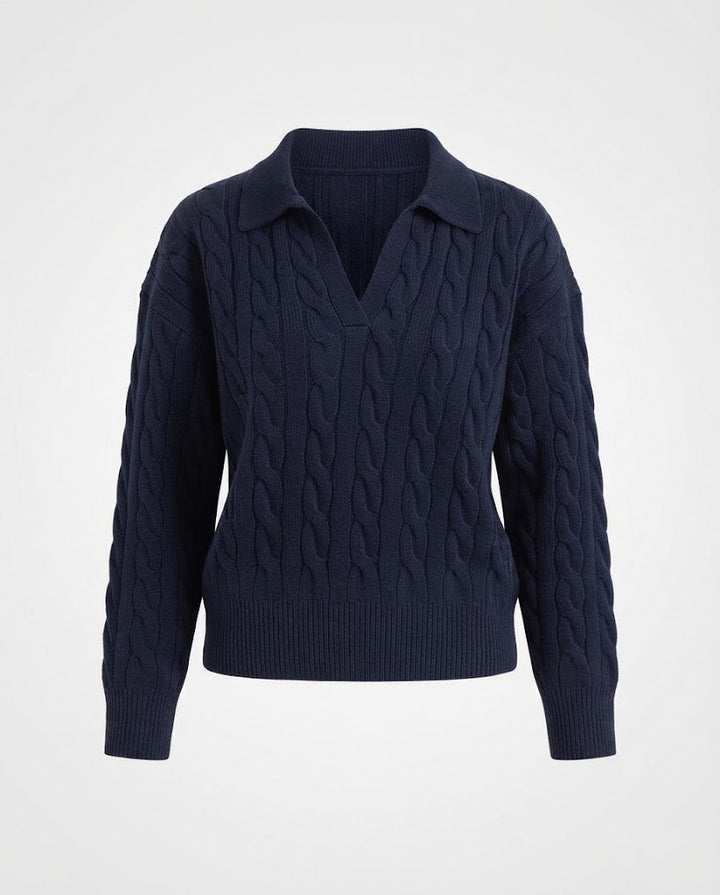 Women's Chunky Knit Cable Pattern Sweater with Polo Collar and Deep V-Neck Amarae