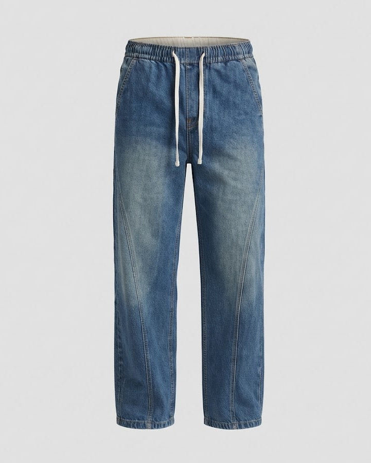 Men's Wide Denim Palazzo Pants with Curved Side Seams and Used-Wash Amarae