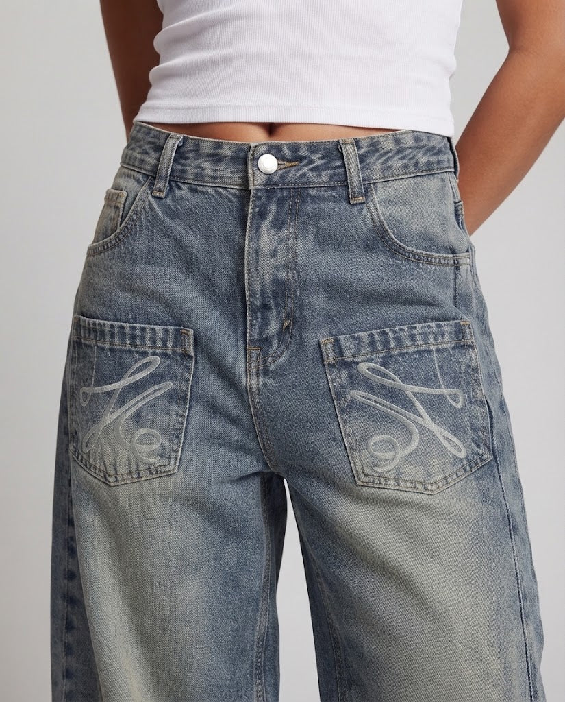 Women's Balloon Baggy Denim Pants in Palazzo Cut with Drop Crotch and Applied Front Pockets Amarae
