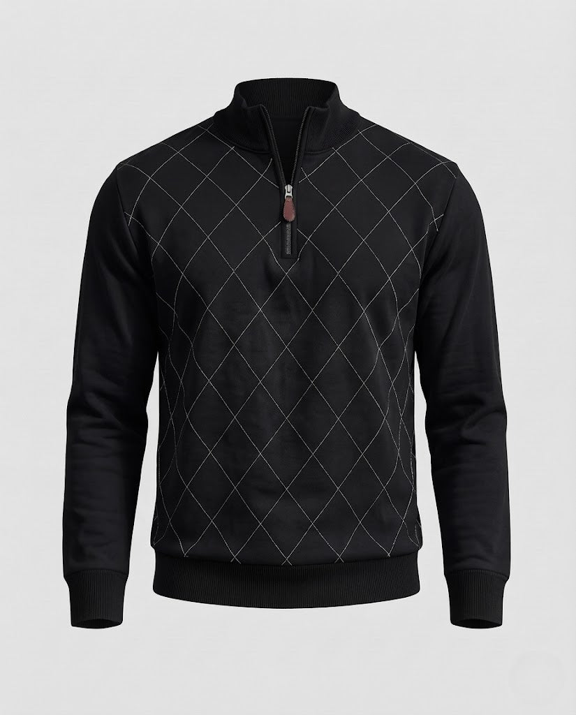 Men's Fine Half-Zip Sweater with Subtle Diamond Pattern and Ribbed Collar Amarae