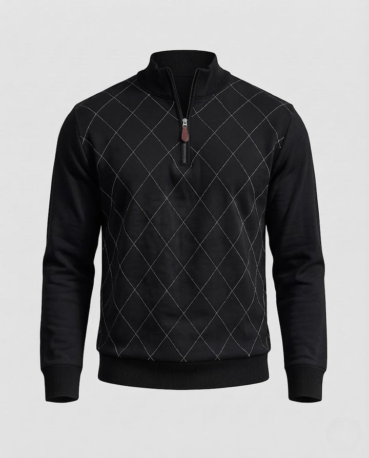 Men's Fine Half-Zip Sweater with Subtle Diamond Pattern and Ribbed Collar Amarae