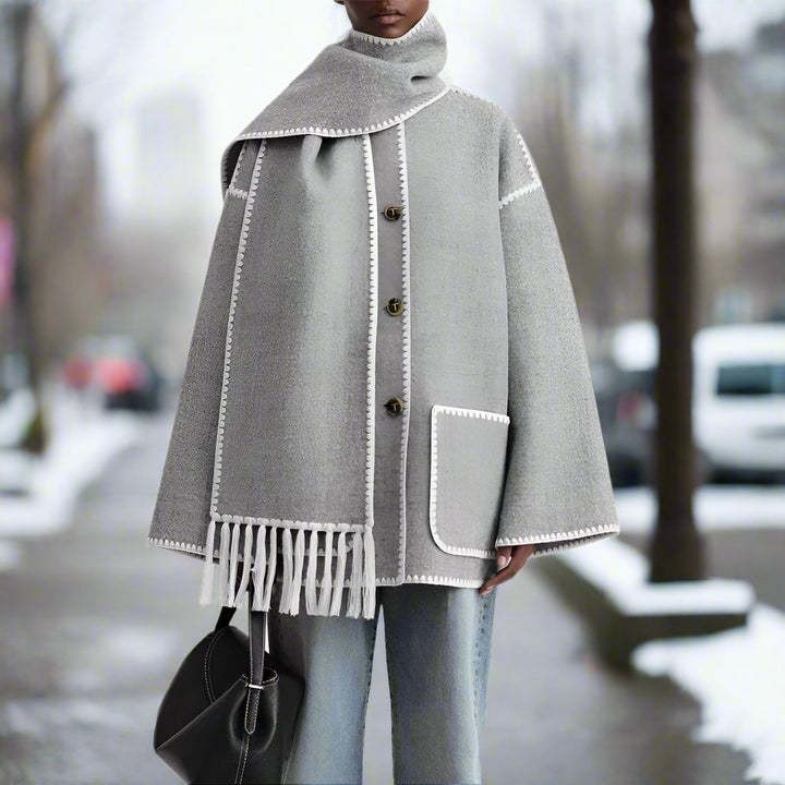 Amarae | Wool coat - Loose cut - Button closure with decorative seam - Incl. scarf