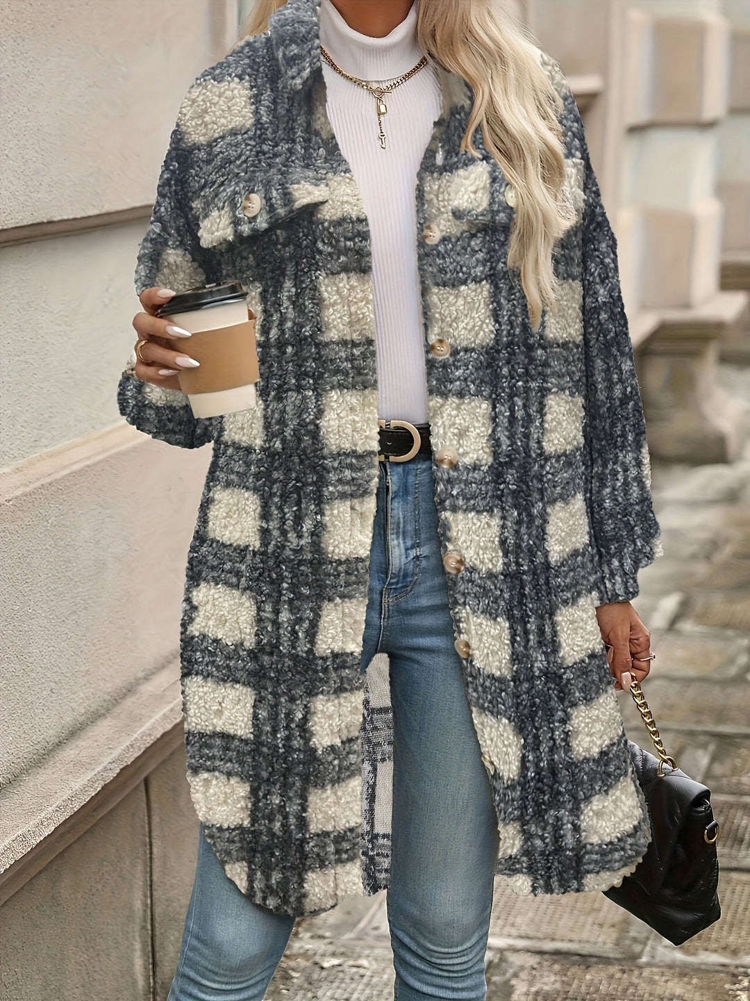 Amarae | Checked button jacket with fuzzy pattern
