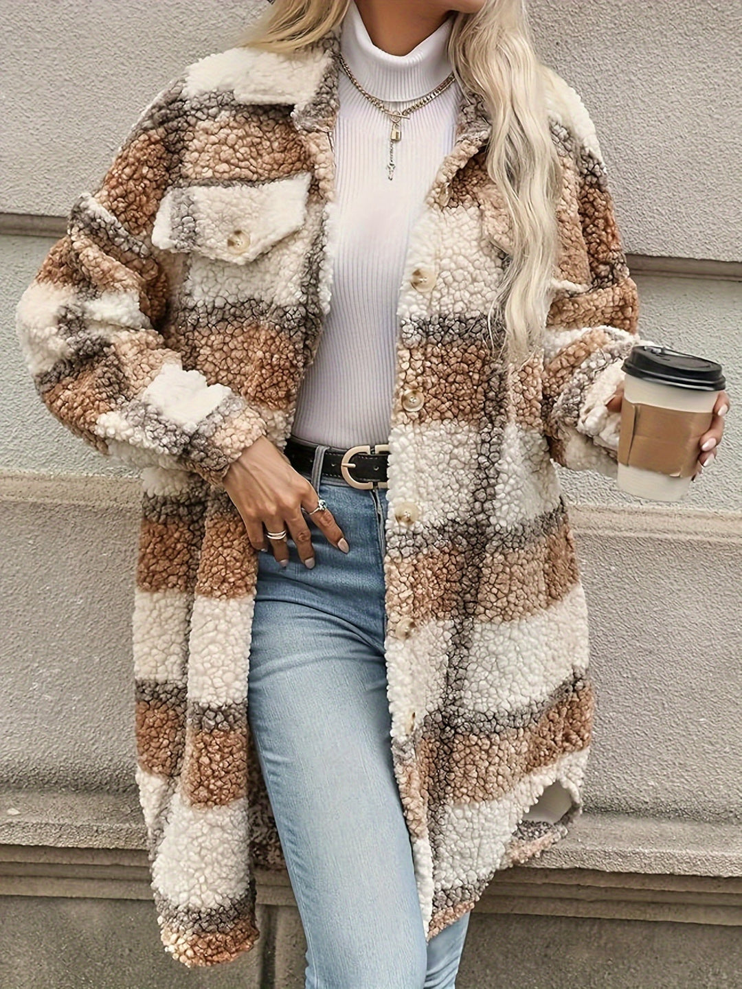 Amarae | Checked button jacket with fuzzy pattern