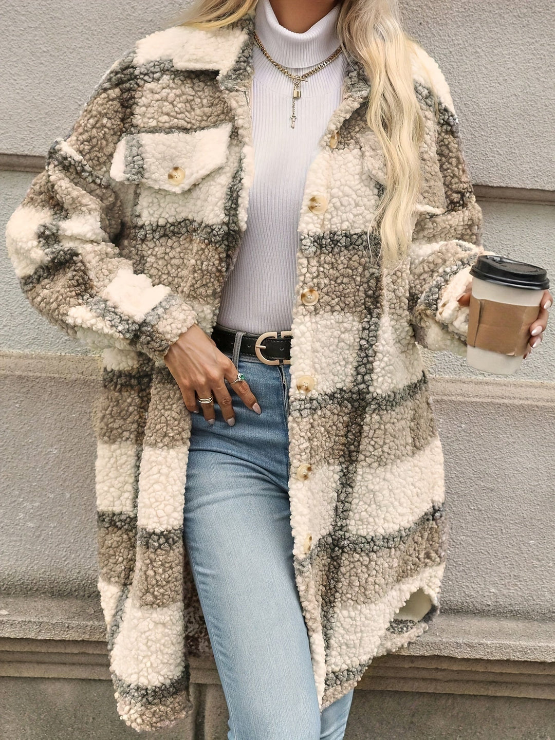Amarae | Checked button jacket with fuzzy pattern