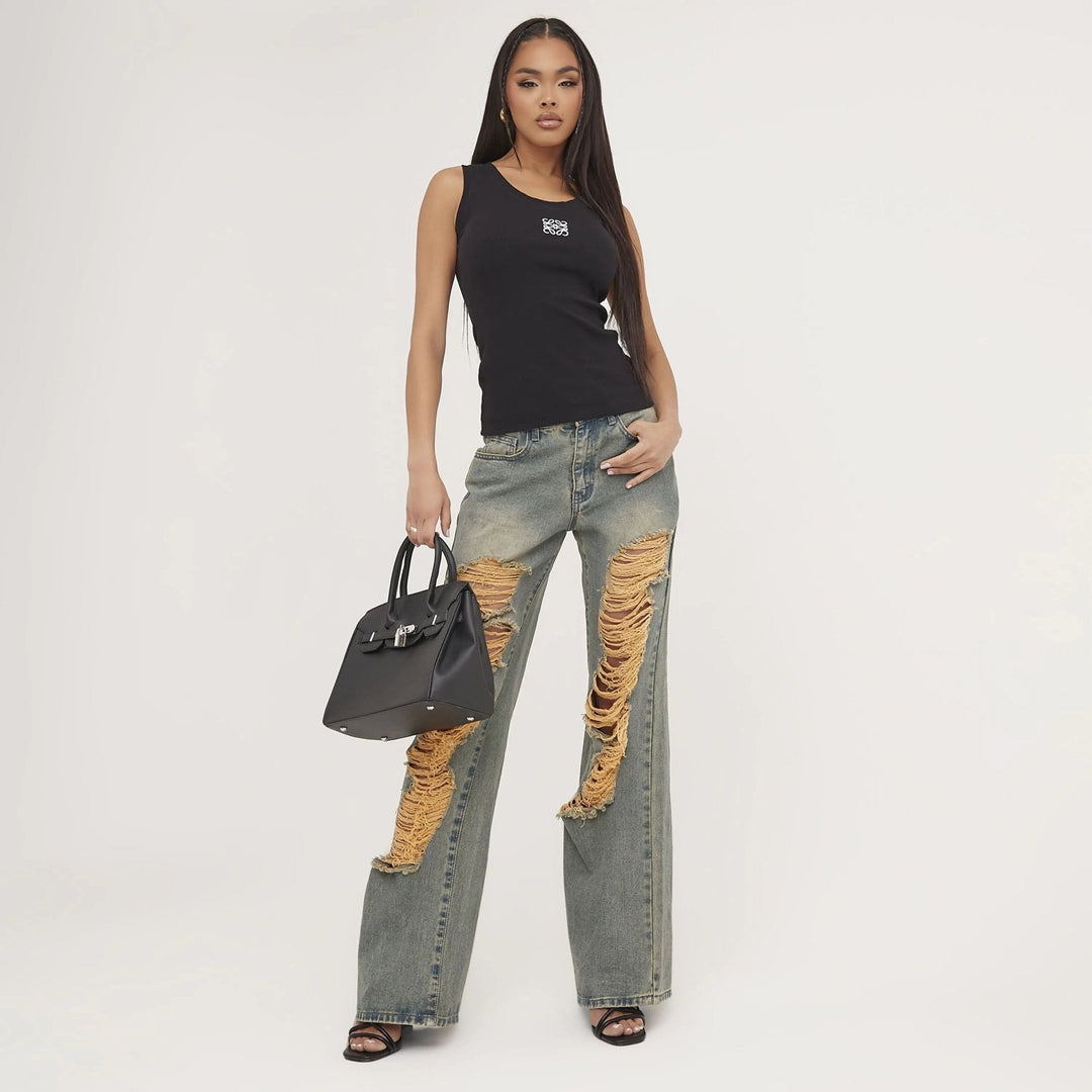 Lune London | Ripped Tank Top with Delicate Embroidery