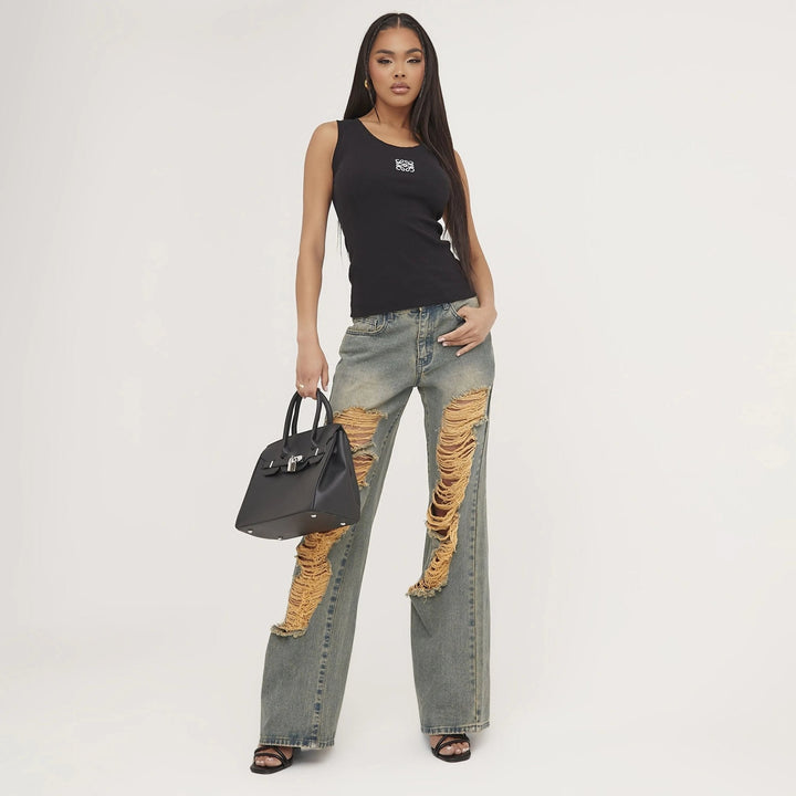 Lune London | Ripped Tank Top with Delicate Embroidery