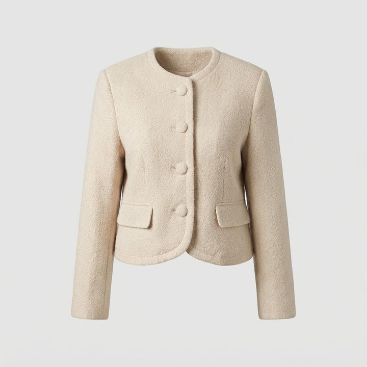 Ladies short jacket in bouclé look with round neckline and decorative button placket Amarae