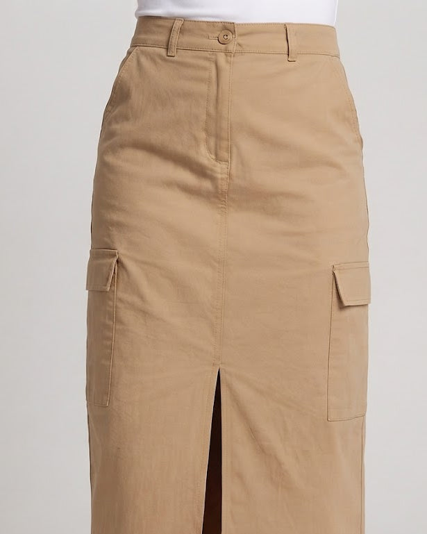 Women High-Waisted Cargo Midi Skirt with Front Slit and Patch Pockets Amarae