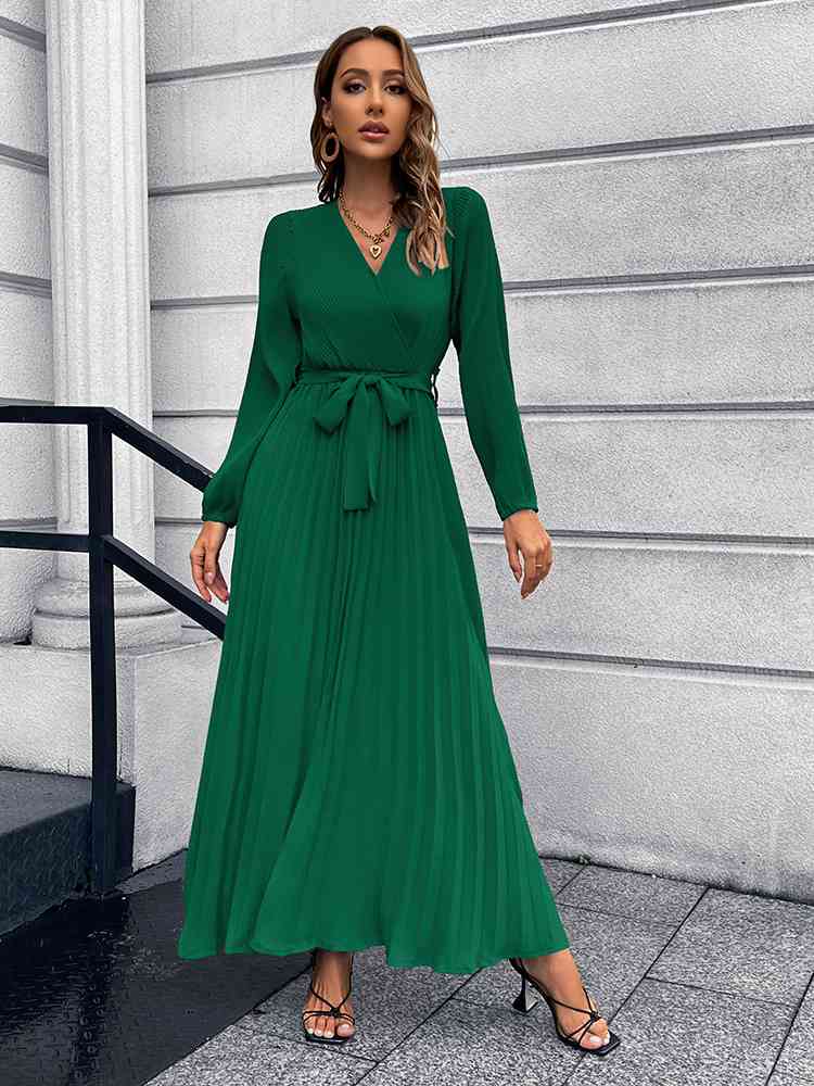 Lune London | V-neck Tie Belt Pleated Maxi Dress