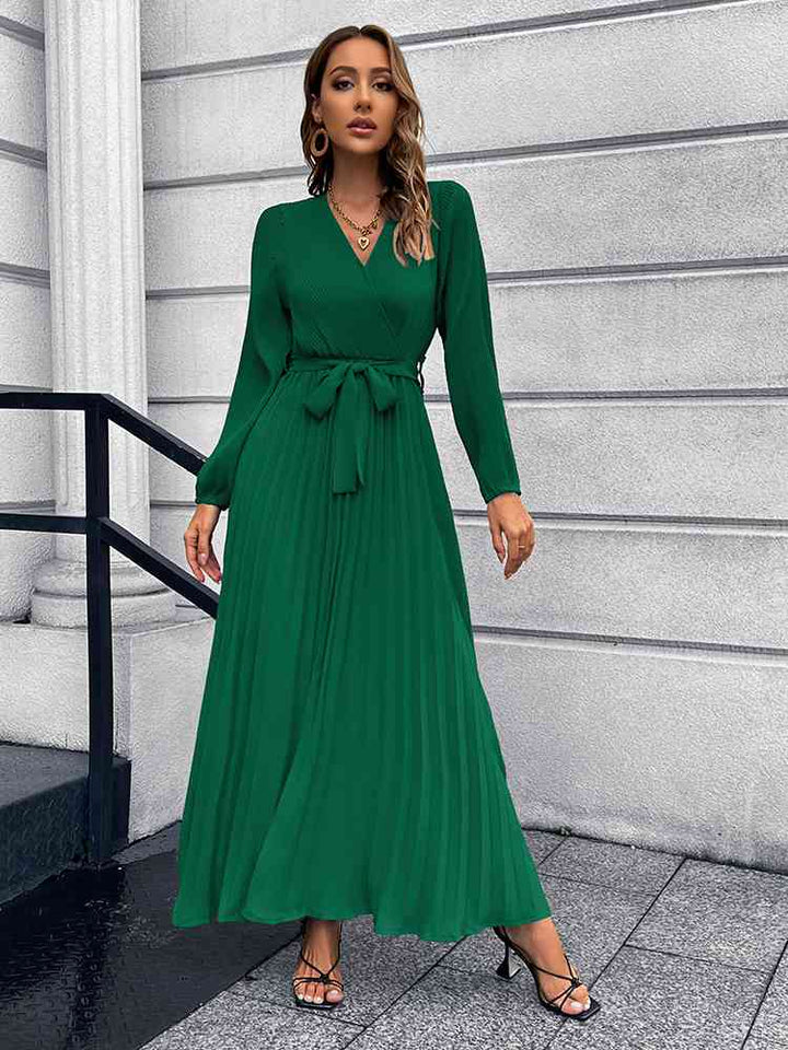 Lune London | V-neck Tie Belt Pleated Maxi Dress